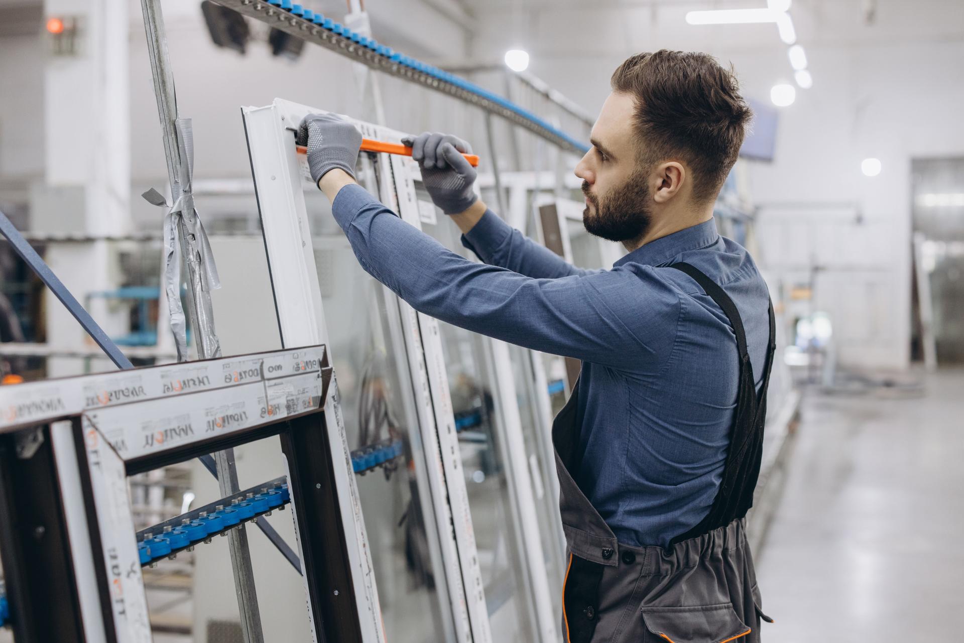 Factory worker measuring PVC window frame in production line